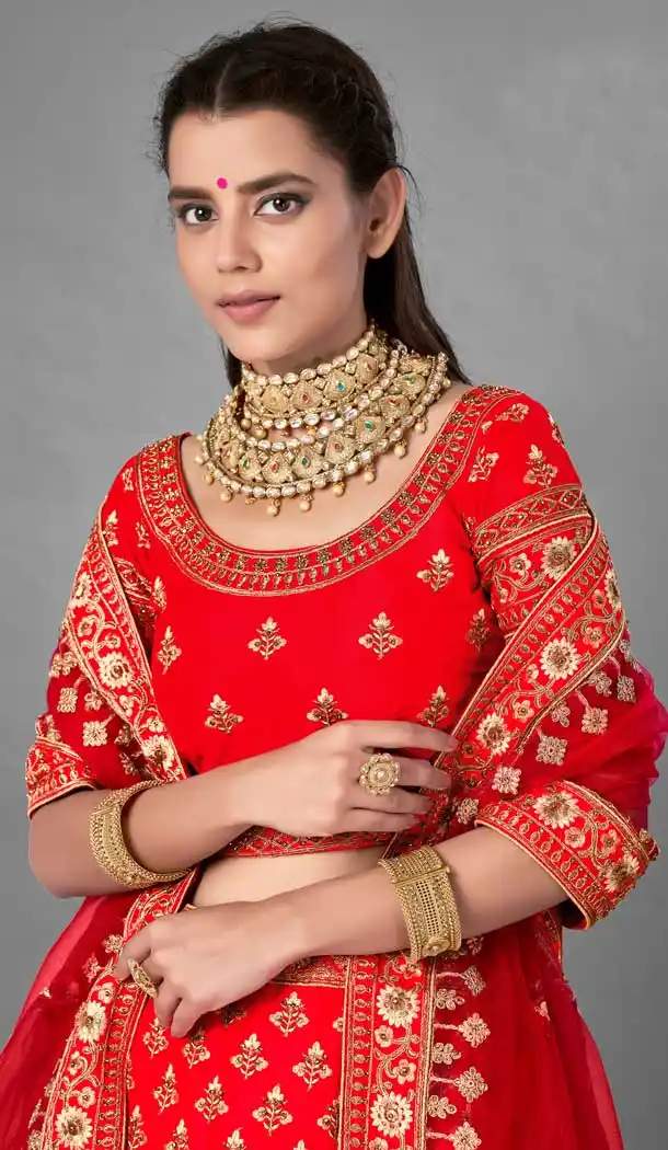 Red Color Satin Designer Bridal Wedding Wear Lehenga Choli -348120174