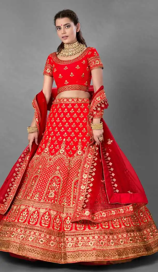 Red Color Satin Designer Bridal Wedding Wear Lehenga Choli -348120174