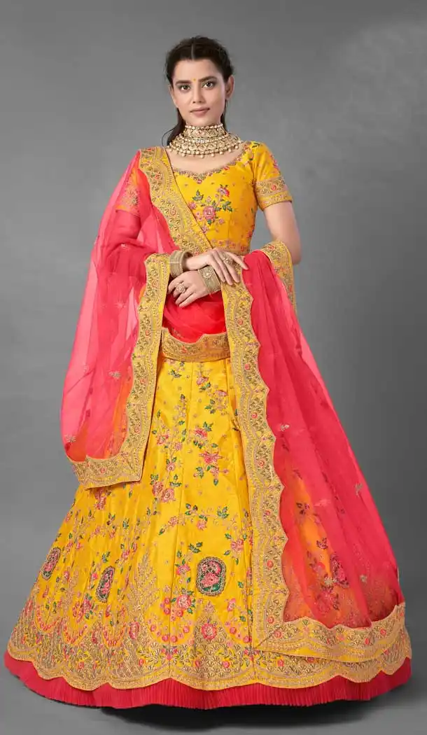 Yellow Color Satin Designer Bridal Wedding Wear Lehenga Choli -348120175