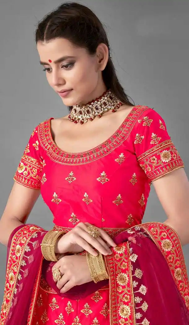 Rani Pink Color Satin Designer Bridal Wedding Wear Lehenga Choli -348120176
