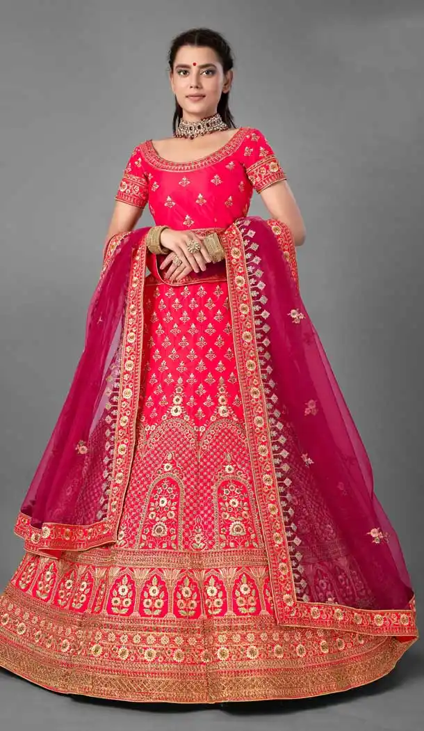 Rani Pink Color Satin Designer Bridal Wedding Wear Lehenga Choli -348120176