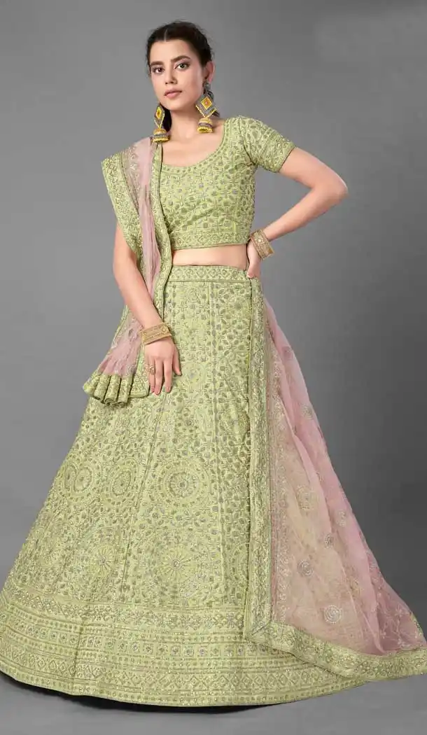 Pista Color Art Silk Designer Bridal Wedding Wear Lehenga Choli -348120177
