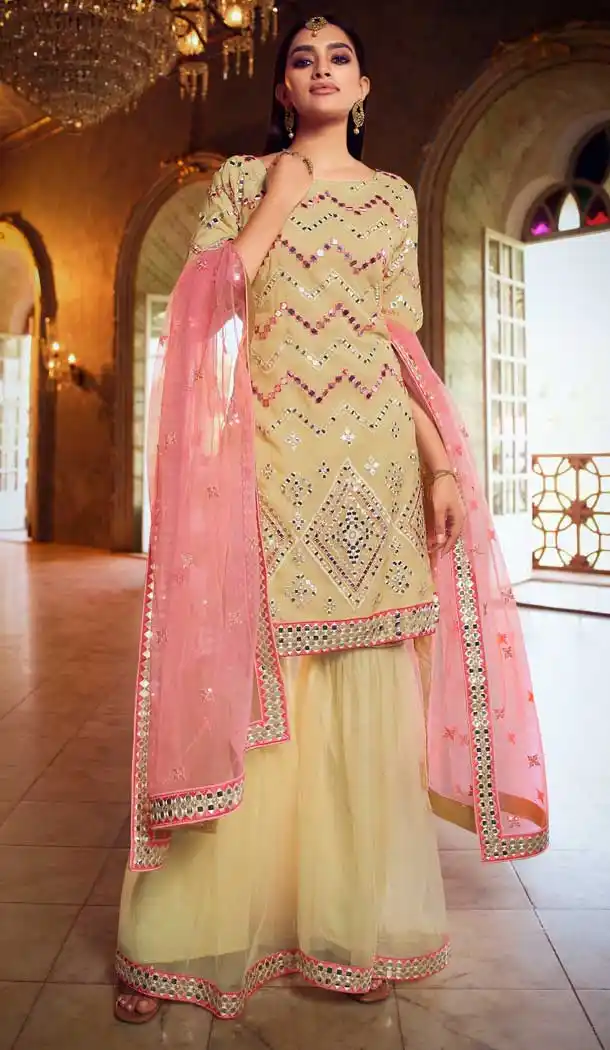 Beige Color Organza Heavy Designer Eid Festive Wear Sharara Suit -352120201