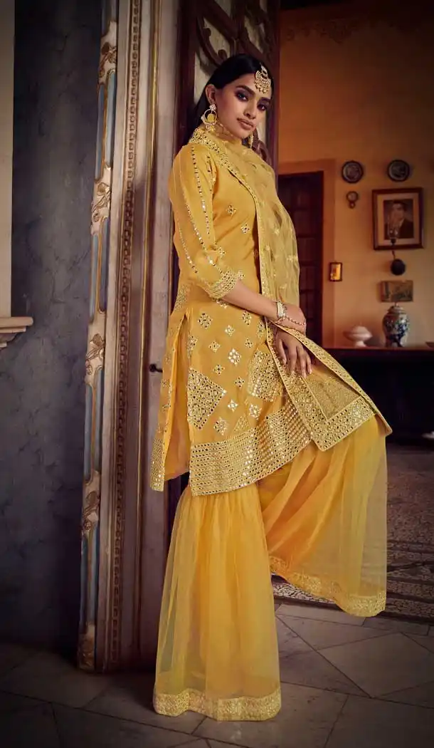 Musterd Yellow Color Organza Heavy Designer Eid Festive Wear Sharara Suit -352120203