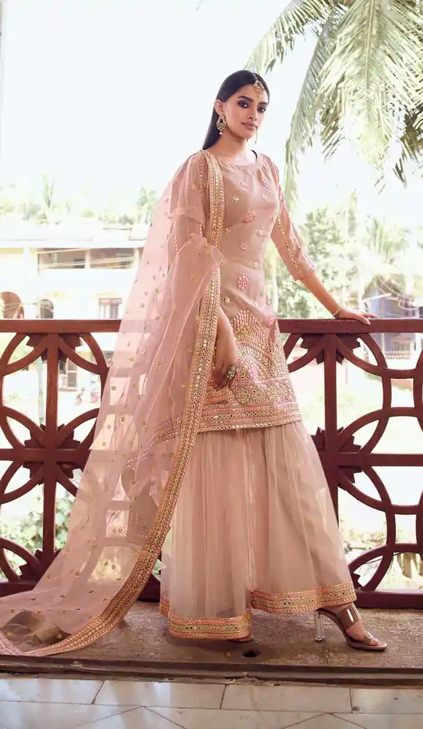 Light Peach Color Organza Heavy Designer Eid Festive Wear Sharara Suit -352120205