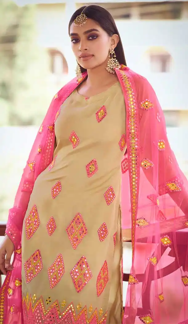 Beige Color Organza Heavy Designer Eid Festive Wear Sharara Suit -352120206