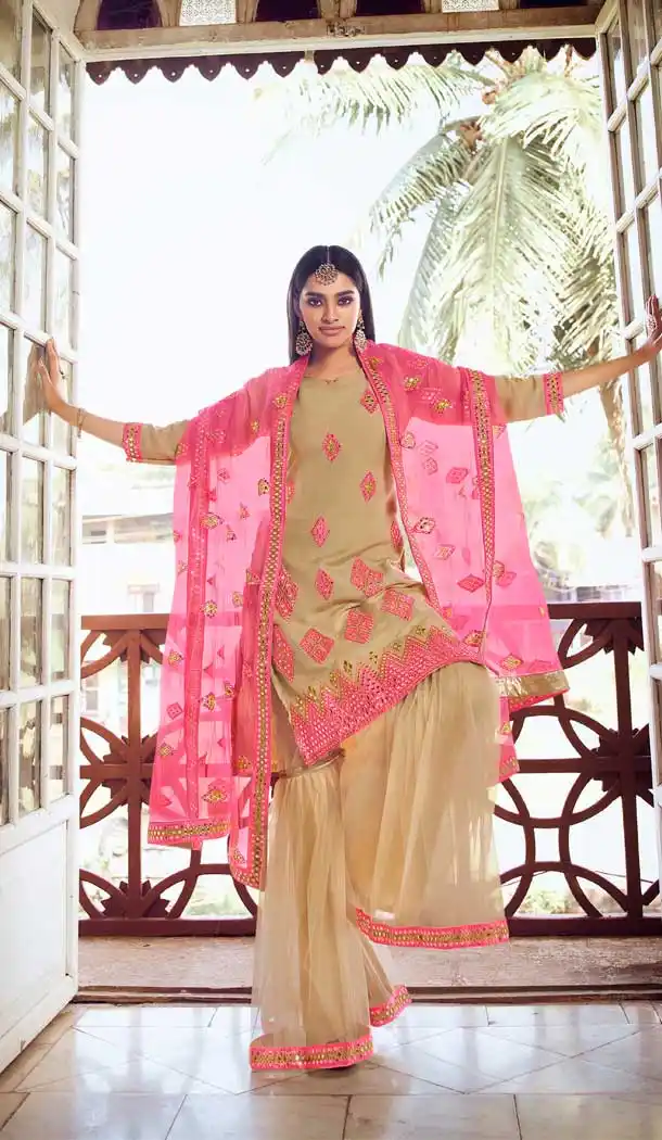 Beige Color Organza Heavy Designer Eid Festive Wear Sharara Suit -352120206