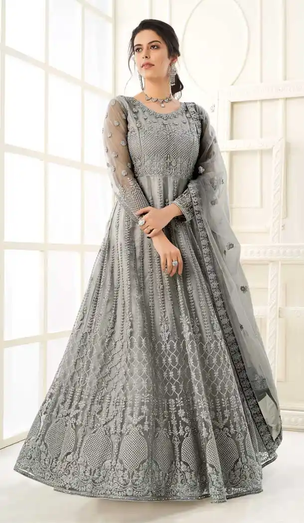 Grey Color Butterfly Net Heavy Designer Aanarkali Salwar Suit -353120210