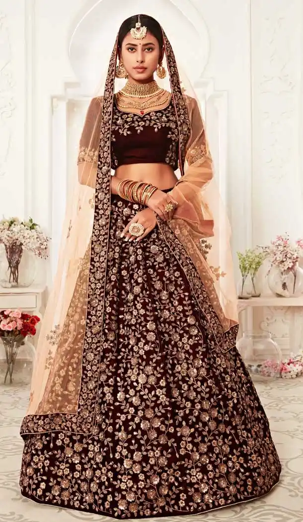 Maroon Color Velvet Designer Sangeet Mehendi Wear Lehenga Choli -359120263