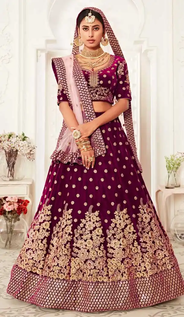 Purple Color Velvet Designer Sangeet Mehendi Wear Lehenga Choli -359120264