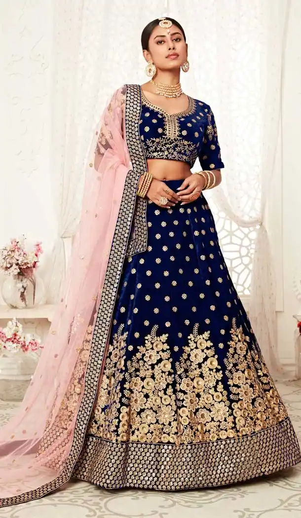 Navy Blue Color Velvet Designer Sangeet Mehendi Wear Lehenga Choli -359120266