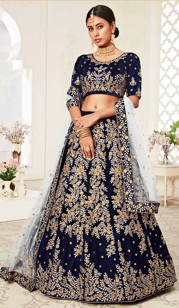 Navy Blue Color Velvet Designer Sangeet Mehendi Wear Lehenga Choli -359120269