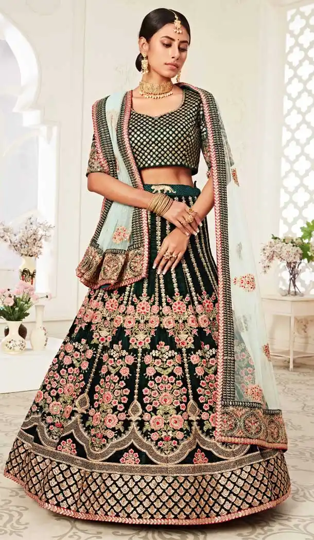 Green Color Velvet Designer Sangeet Mehendi Wear Lehenga Choli -359120270