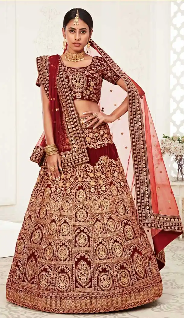 Red Color Velvet Designer Sangeet Mehendi Wear Lehenga Choli -359120272