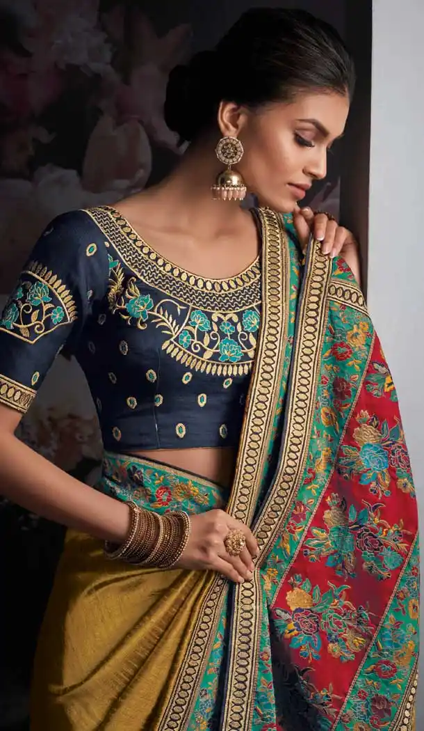 Golden Color Silk Designer Party Wear Embroidered Women Saree -358120256