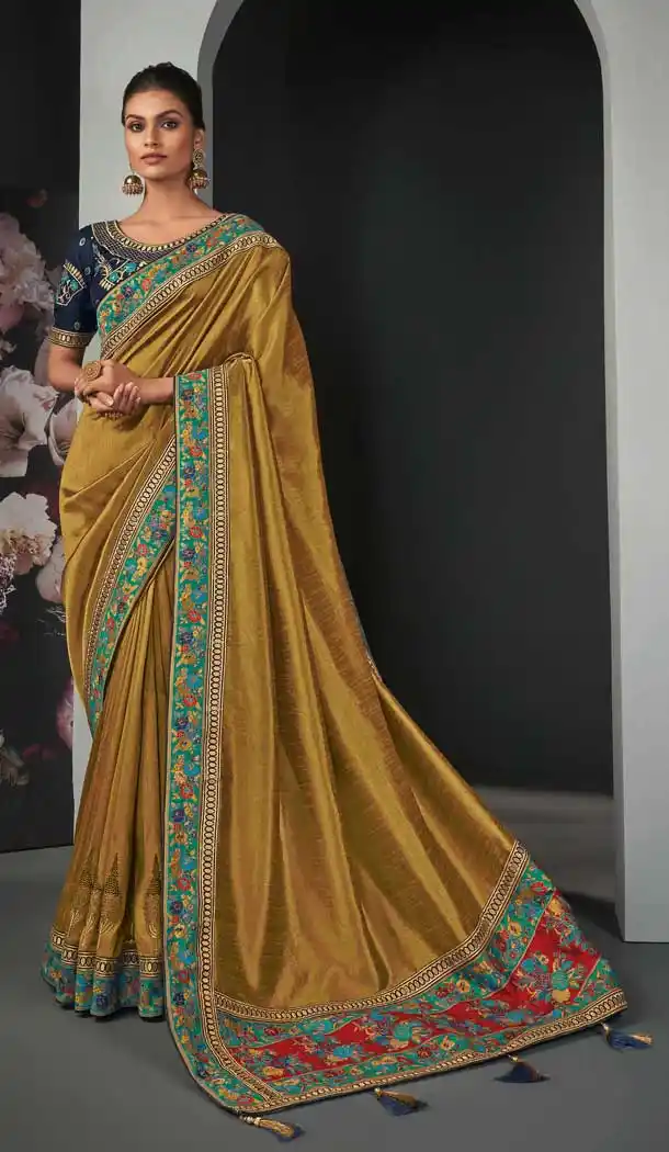 Golden Color Silk Designer Party Wear Embroidered Women Saree -358120256