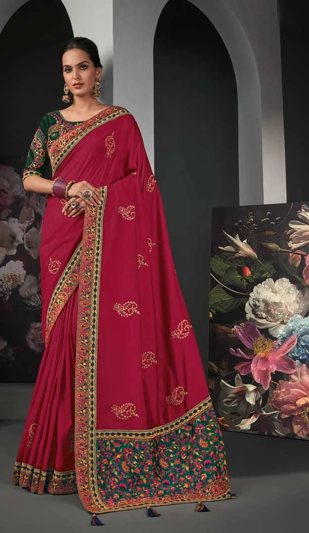 Dark Pink Color Silk Designer Party Wear Embroidered Women Saree -358120257