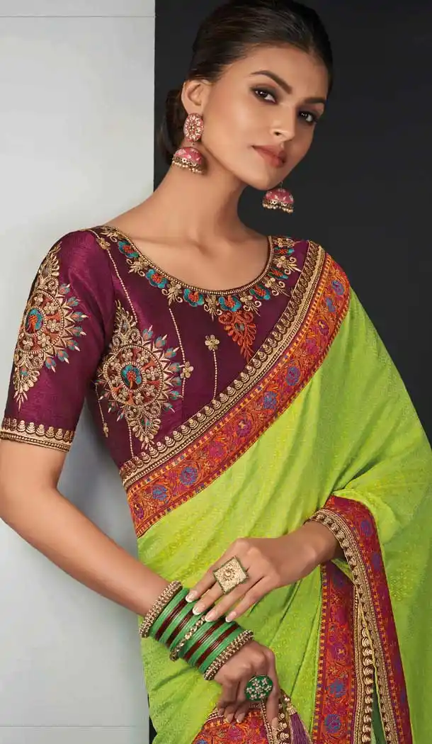 Light Green Color Silk Designer Party Wear Embroidered Women Saree -358120258