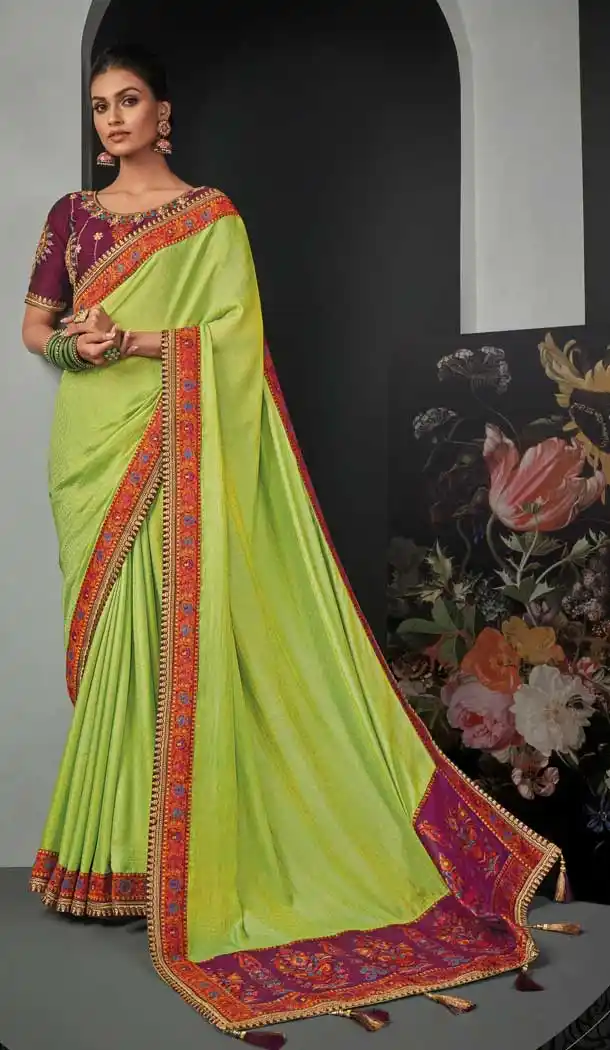 Light Green Color Silk Designer Party Wear Embroidered Women Saree -358120258