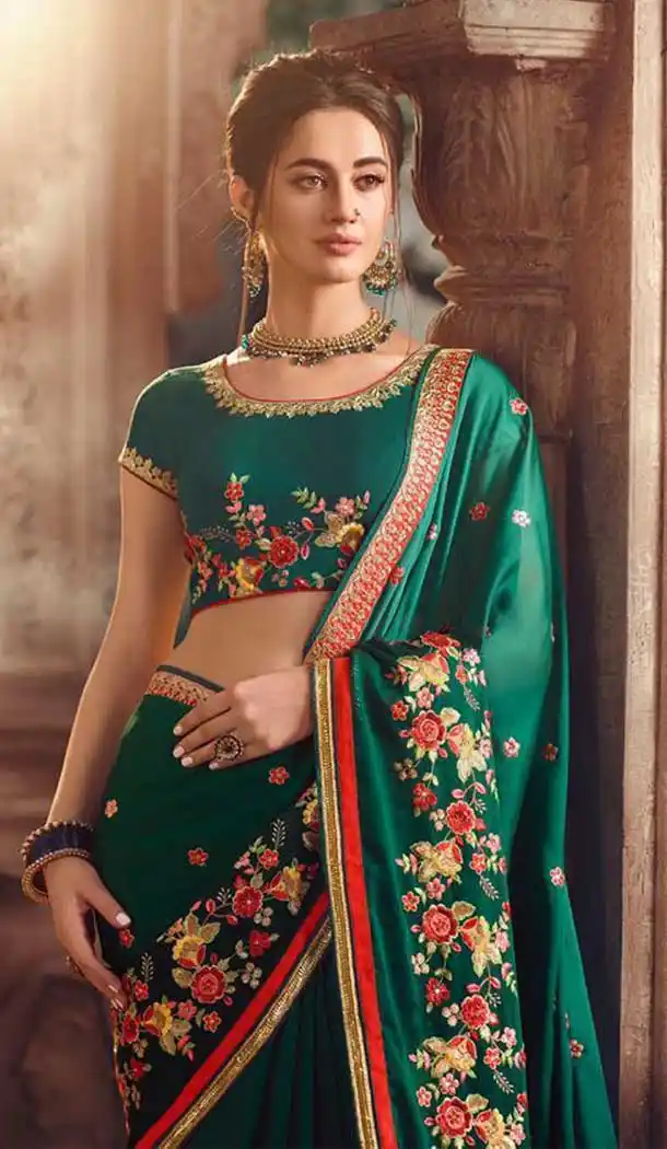 Rama Green Color Georgette Silk Embroidred Work Party Wear Women Saree -370120380
