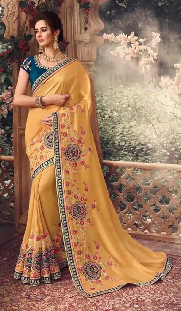 Mango Color Handloom Silk Embroidred Work Party Wear Women Saree -370120384