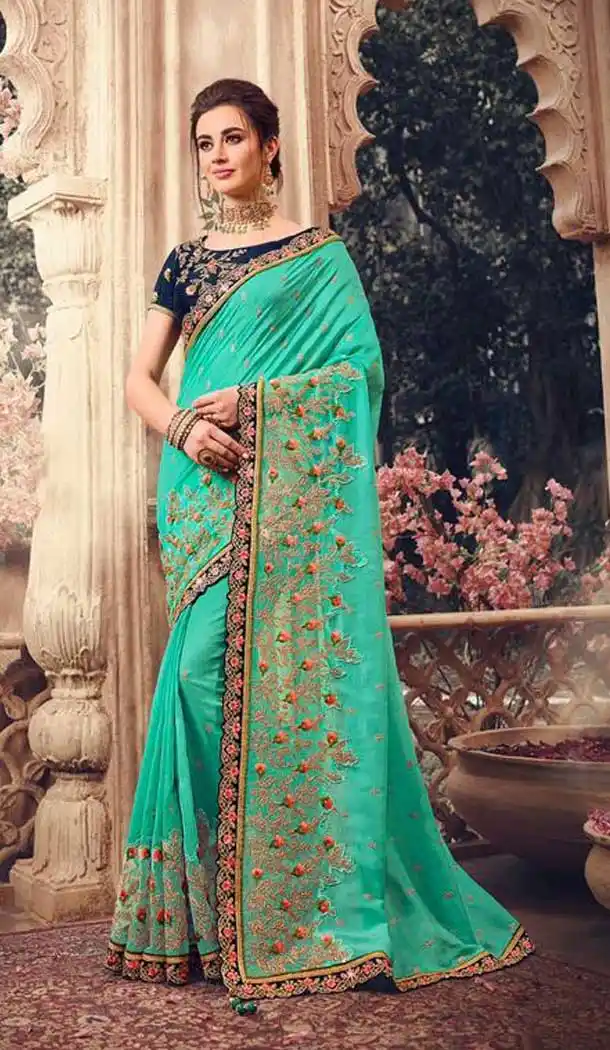 Firozi Color Handloom Silk Embroidred Work Party Wear Women Saree -370120385