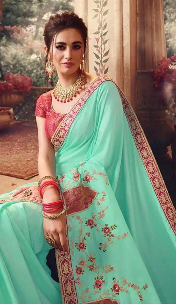 Sea Green Color Handloom Silk Embroidred Work Party Wear Women Saree -370120389