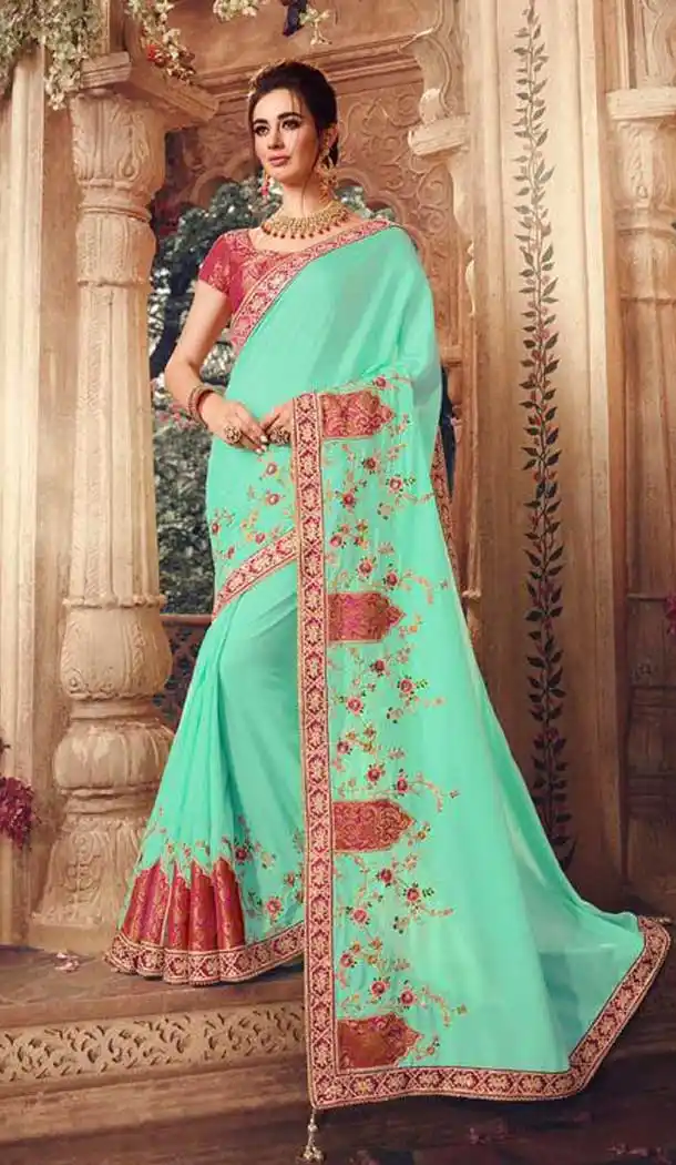 Sea Green Color Handloom Silk Embroidred Work Party Wear Women Saree -370120389