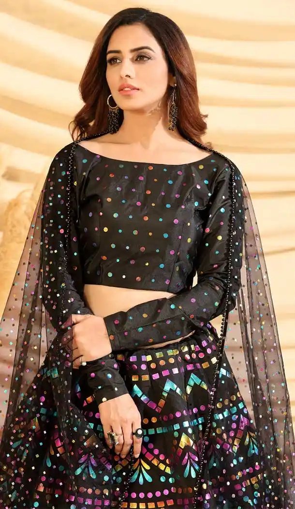 Dazzling Diva Black Color Tafetta Silk Designer Party Wear Lehenga Choli -375120417