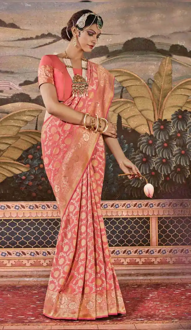 Peach Color Silk Designer Traditional Wear Jacquard Work Saree Blouse -376120423