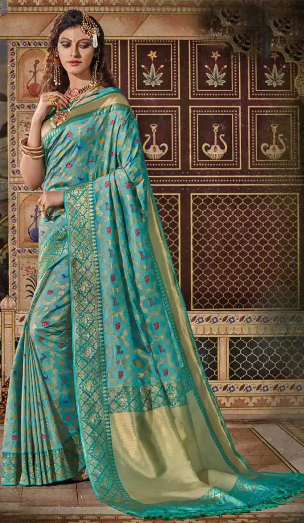 Aqua Color Silk Designer Traditional Wear Jacquard Work Saree Blouse -376120428