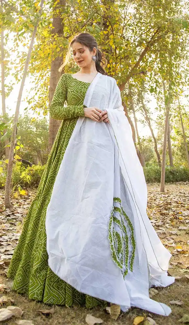 Green Color Pure Maslin Bandhej Style & Flaired Gown With Dupatta -380120452