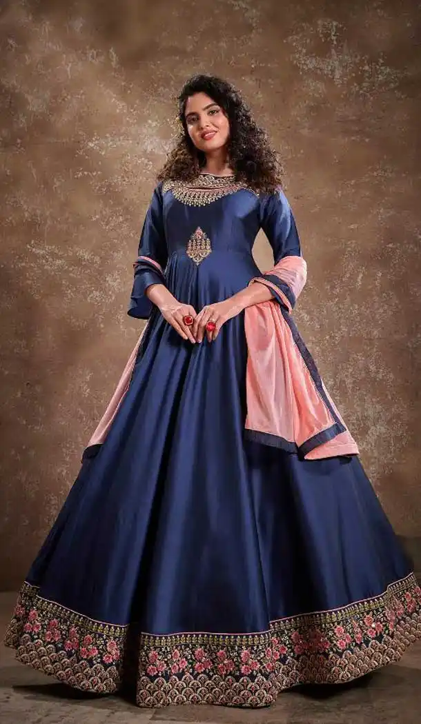 Blue Color Triva Silk Heavy Embroidered Designer Gown Suit -390120508