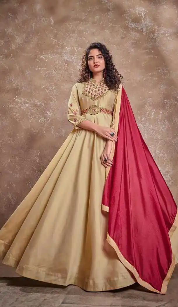 Marvelous Cream Color Triva Silk Heavy Embroidered Designer Gown Suit -390120510