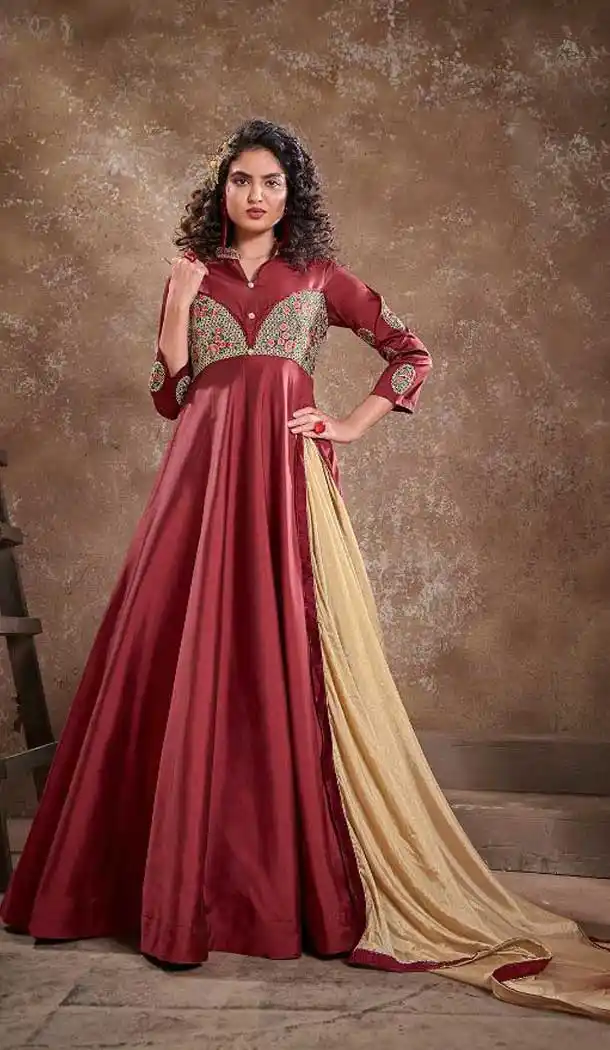 Maroon Color Triva Silk Heavy Embroidered Designer Gown Suit -390120513