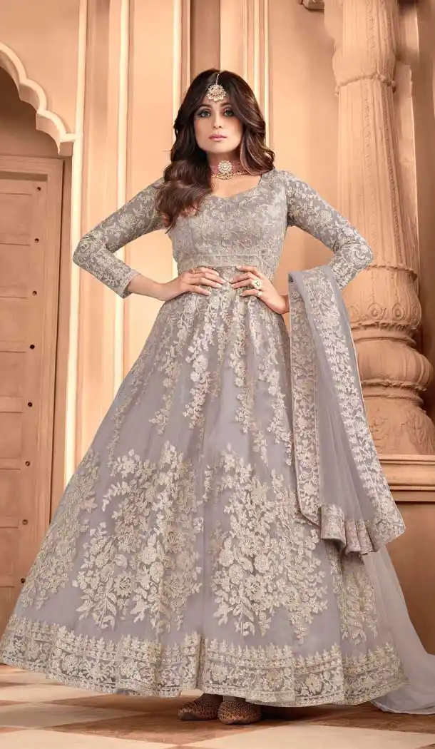 Grey Color Butterfly Net Designer Party Wear Aanarkali Suit -398120693