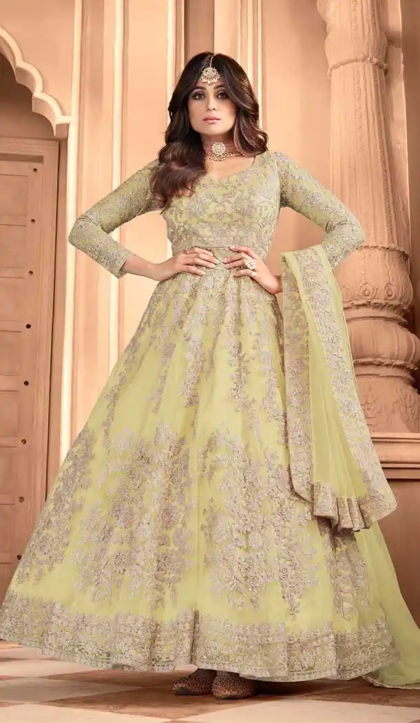 Lemon Color Butterfly Net Designer Party Wear Aanarkali Suit -398120694