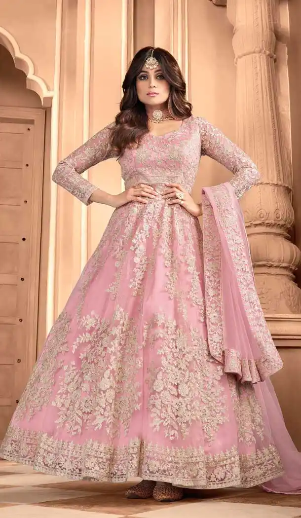 Pink Color Butterfly Net Designer Party Wear Aanarkali Suit -398120695