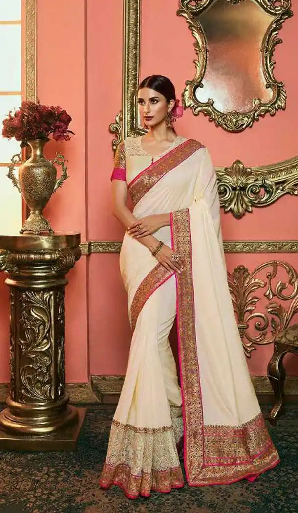 Cream Color Dola Silk Heavy Embroidered Party Wear Saree Blouse -418120817
