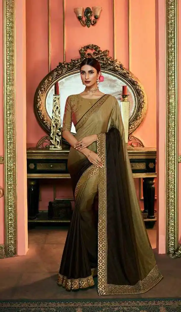 Mehendi Color Dola Silk Heavy Embroidered Party Wear Saree Blouse -418120818