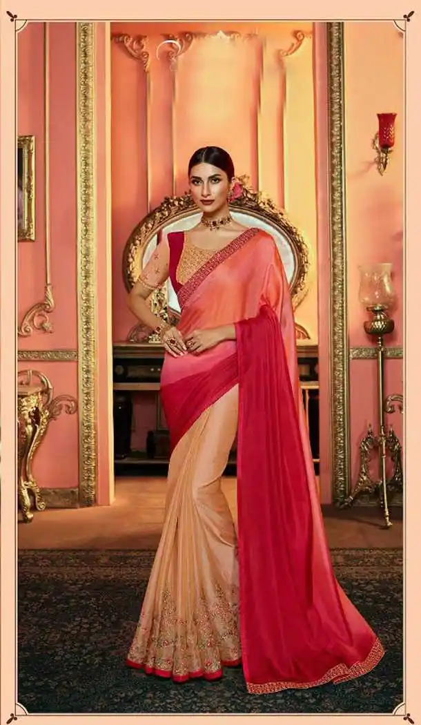 Rani Shaded-Peach Color Tissue Silk Heavy Embroidered Party Wear Saree -418120819