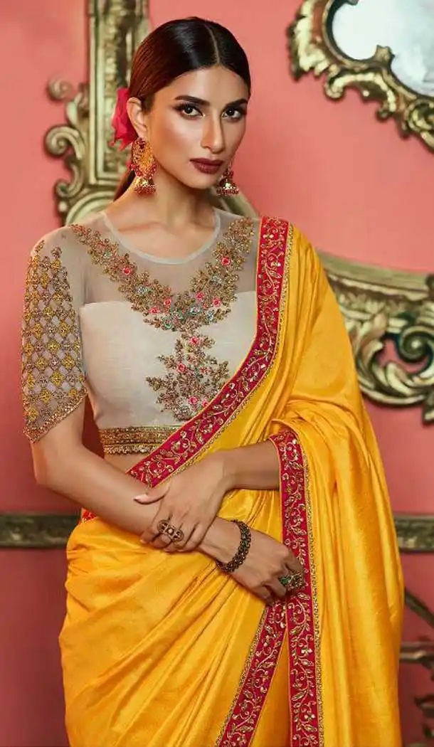 Musterd Color Dola Silk Heavy Embroidered Party Wear Saree Blouse -418120820