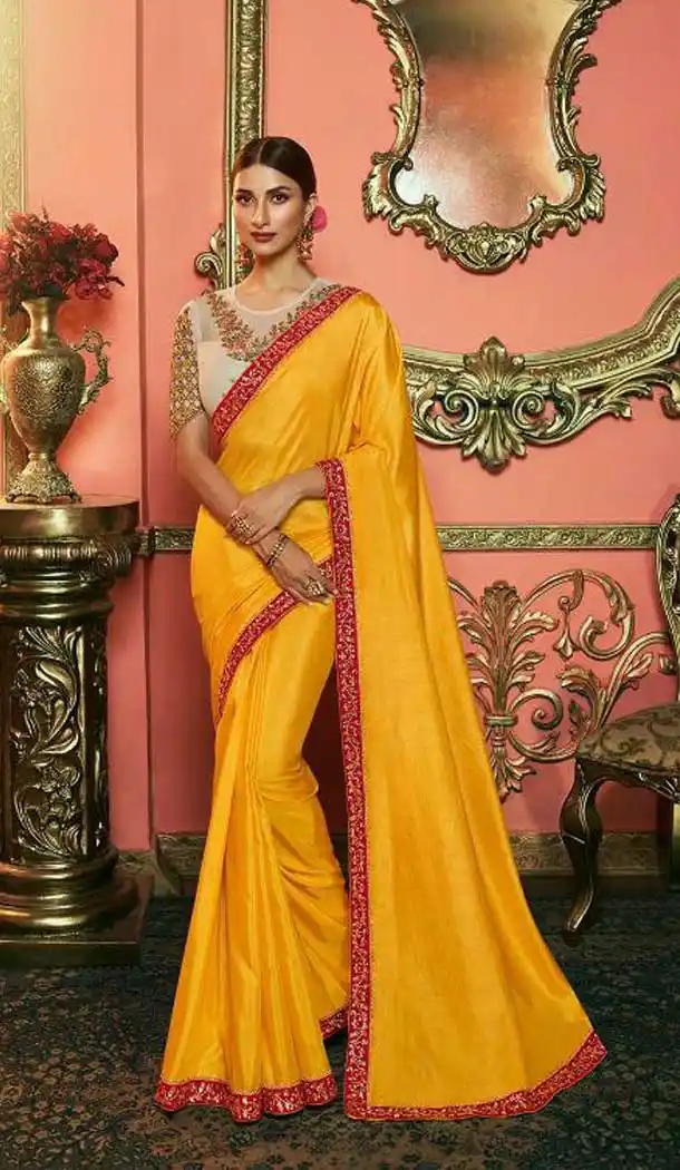 Musterd Color Dola Silk Heavy Embroidered Party Wear Saree Blouse -418120820