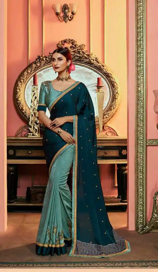Teal Blue Color Kashmiri Silk Heavy Embroidered Party Wear Saree Blouse -418120821