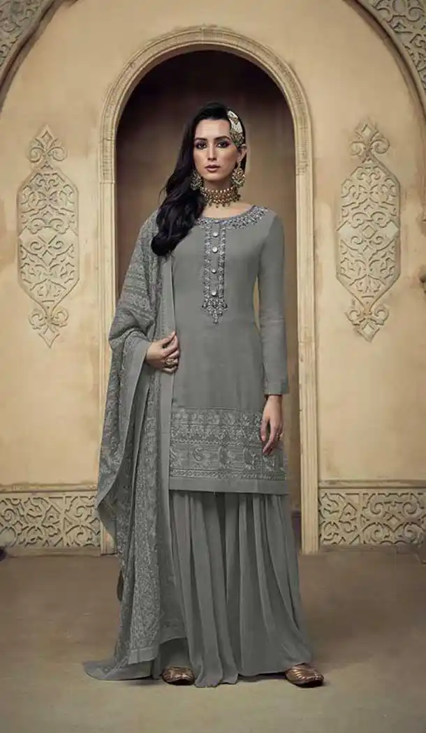 Grey Color Heavy Faux Georgette Designer Party Wear Sharara Suit -420120832