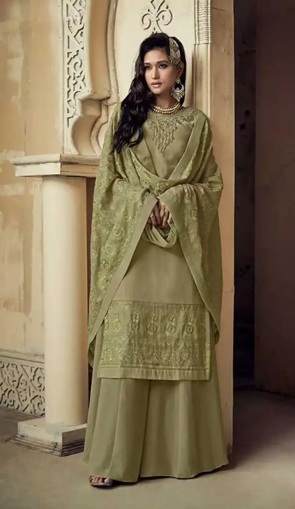 Pista Color Heavy Faux Georgette Designer Party Wear Sharara Suit -420120834