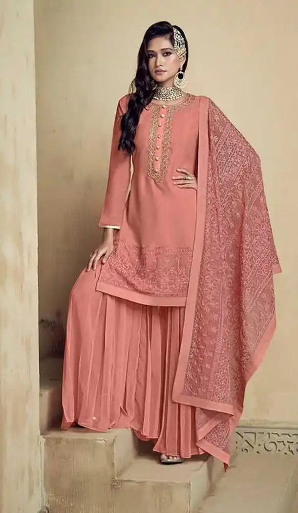 Peach Color Heavy Faux Georgette Designer Party Wear Sharara Suit -420120836