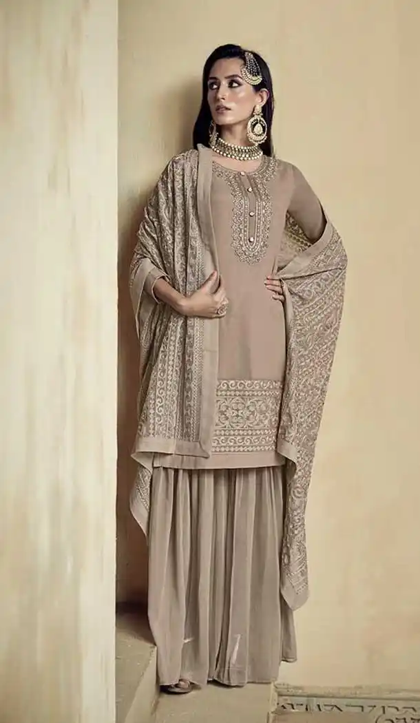 Beige Color Heavy Faux Georgette Designer Party Wear Sharara Suit -420120837