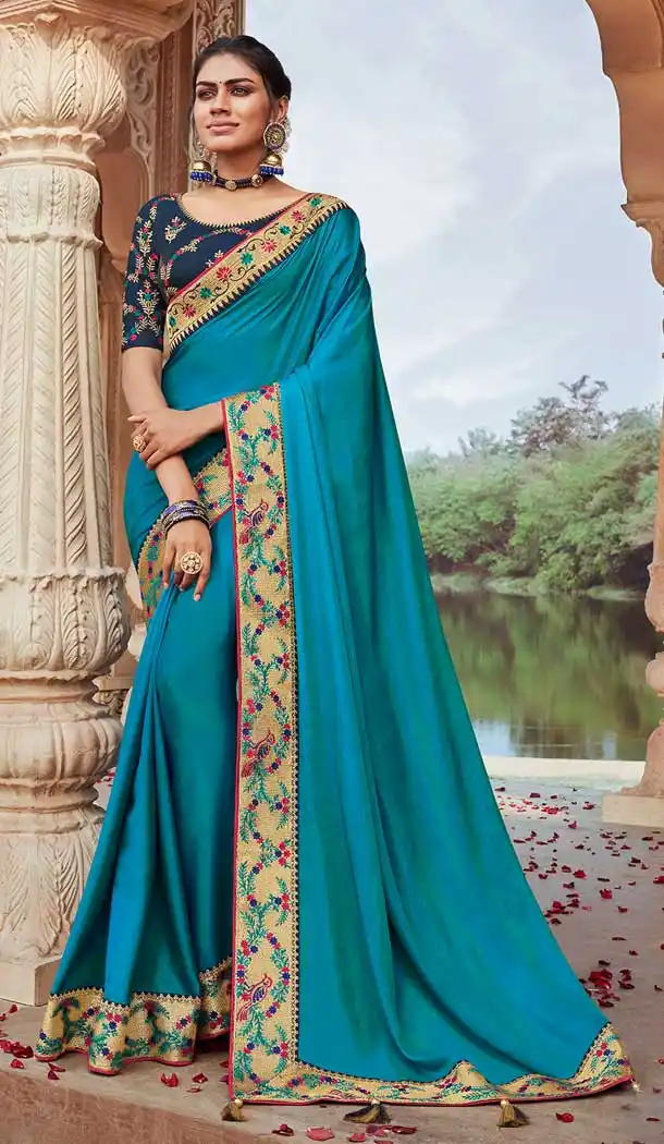 Blue Color Fancy Silk Heavy Embroidered Party Wear Saree Blouse -427120935