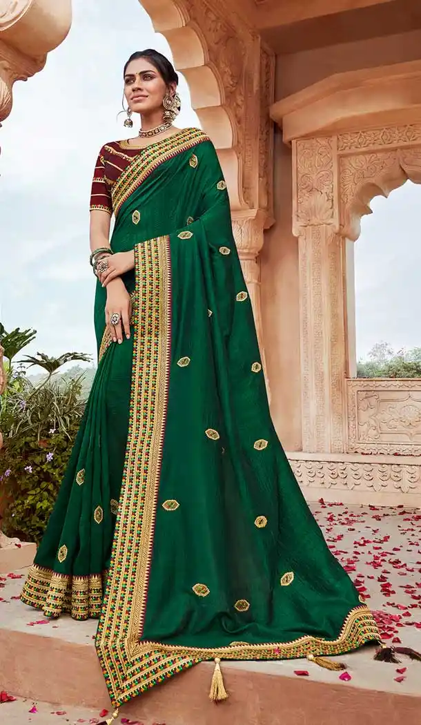 Green Color Fancy Silk Heavy Embroidered Party Wear Saree Blouse -427120936